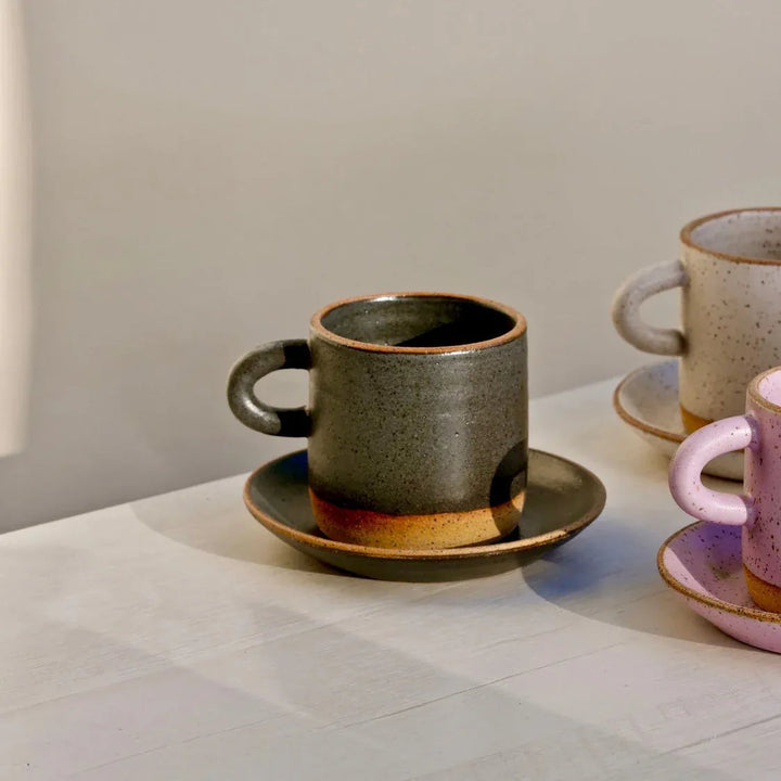 Earth and Element Cream Espresso Cup and Saucer - Plastic Free Coffee Cup, Multiple Colors, Stoneware Tea Cup, Handmade in USA
