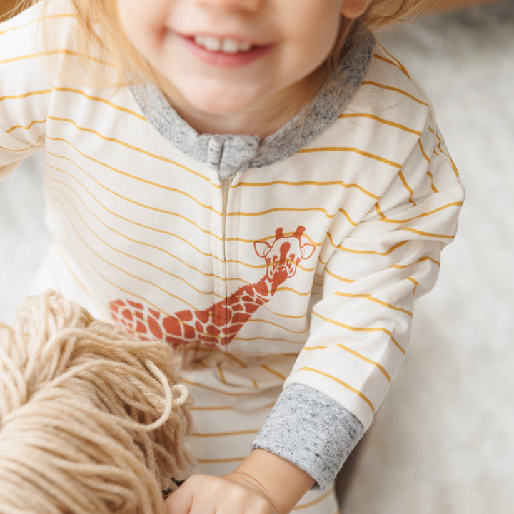 Me O My Earth Giraffe coverall printed on mustard stripe with heather grey sleeves