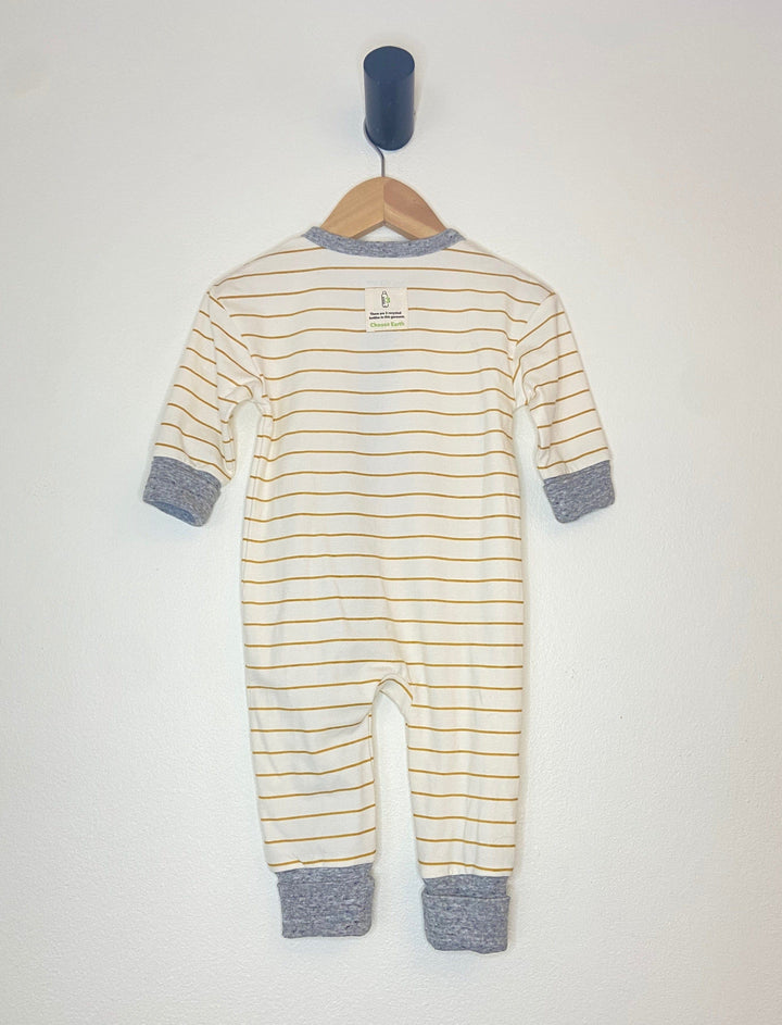 Me O My Earth Giraffe coverall printed on mustard stripe with heather grey sleeves