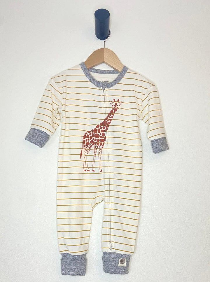 Me O My Earth Giraffe coverall printed on mustard stripe with heather grey sleeves