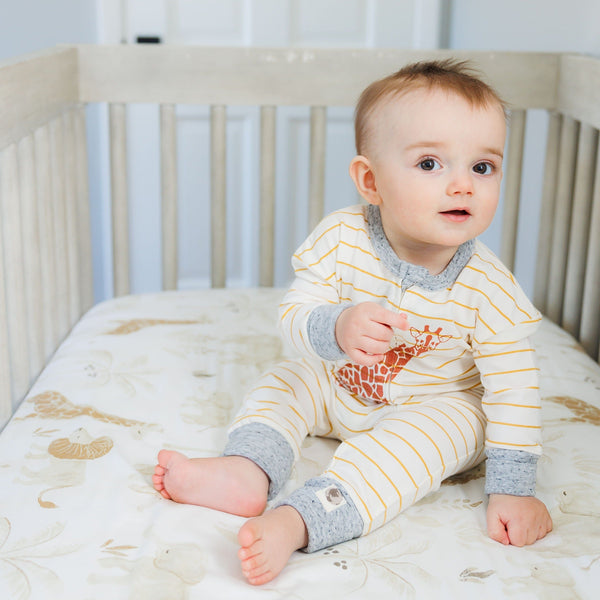 Me O My Earth Giraffe coverall printed on mustard stripe with heather grey sleeves