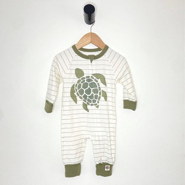 Me O My Earth Turtle coverall printed on our green and natural stripe - NEW for Spring 2025