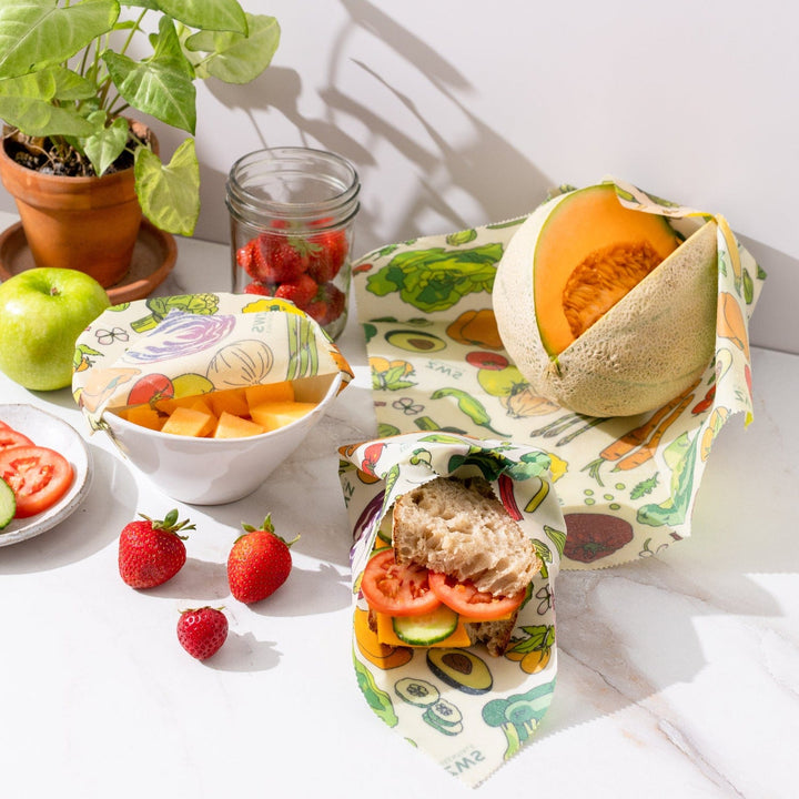 ZWS Essentials Veggies / 3-Pack Assorted Beeswax Wraps – Plastic-Free Food Storage