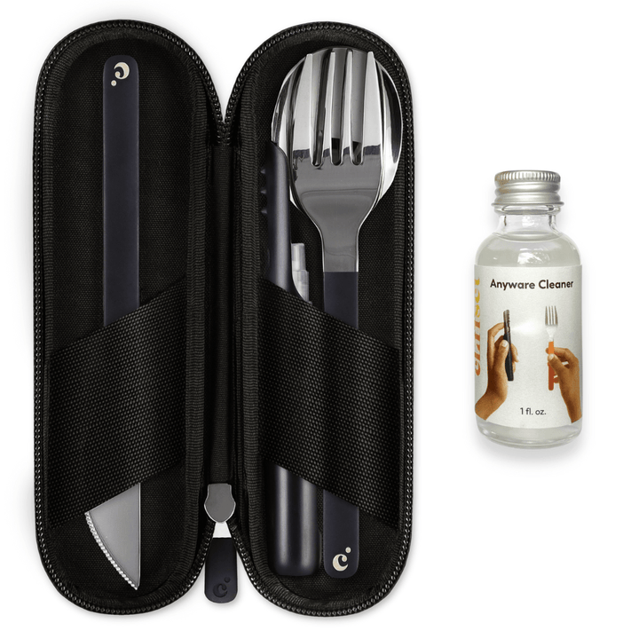 Cliffset Bolinas Black Reusable Portable Starter Pack with Cutlery, Refillable Cleaner, and Cleaning Solution