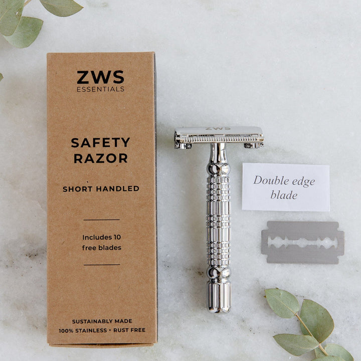 ZWS Essentials Short Handle Zero Waste Safety Razor - Sustainable Razor - Stainless Steel, Single Blade, 10 Free Blades